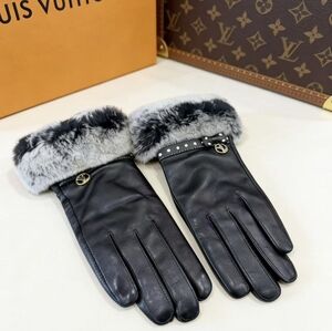 LV Black Leather Fur Cuff Gloves
